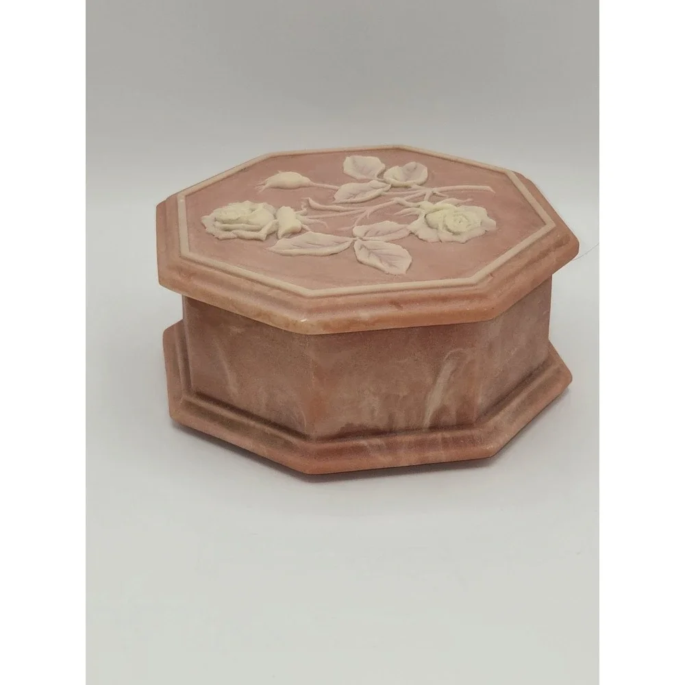 Vintage Soapstone Rose Music Box Octagon Jewelry Trinket Box 1974